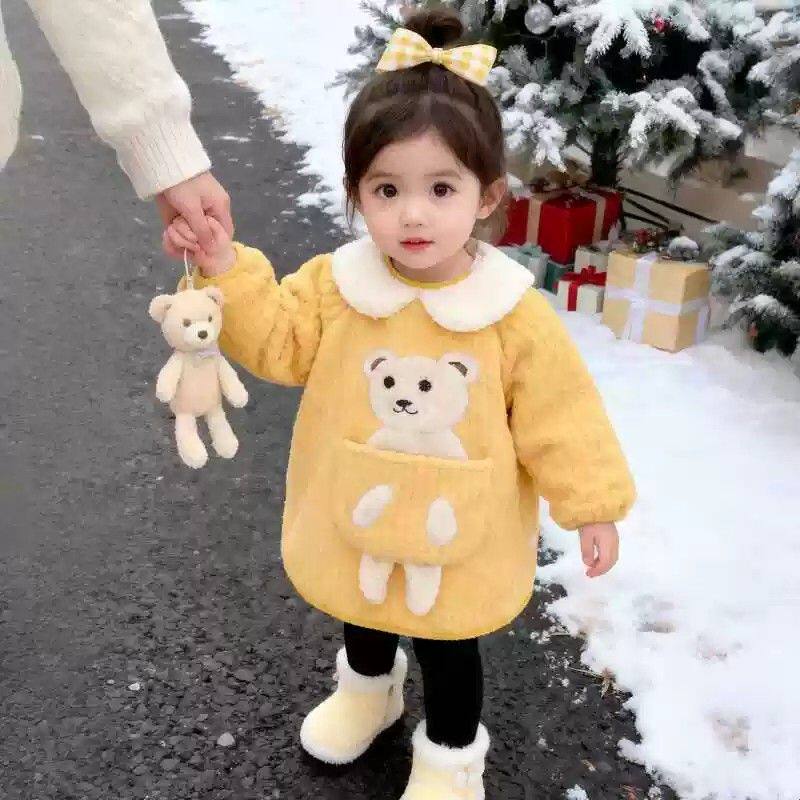 罩衣女宝宝外穿女童加厚罩衫防水防脏公主裙小孩围兜长袖反穿护衣
