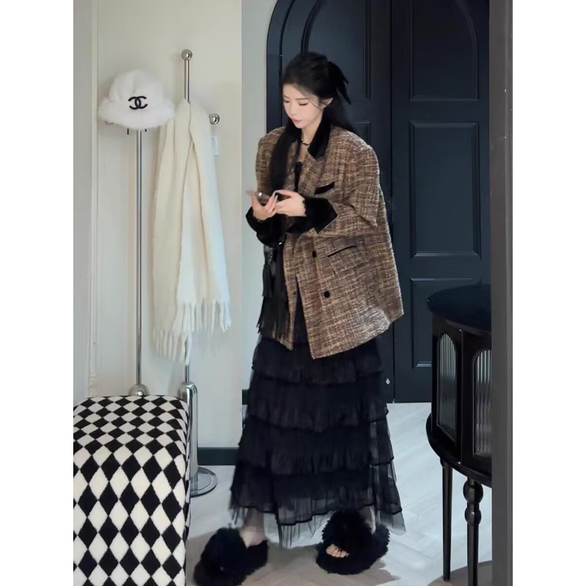 复古小香风西装外套女款秋冬加厚韩系气质宽松开格子夹棉加厚上衣