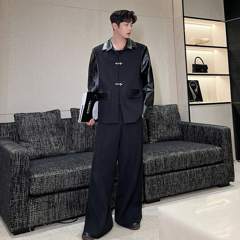 2024春设计师个性新中式解构拼皮金属飞机扣西装W0413P125,男装西服,电商C219