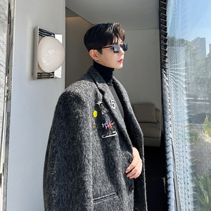 秋冬設(shè)計(jì)重磅加厚煙灰色羊毛呢料DIY胸針廓形西裝 W0533 P210圖片