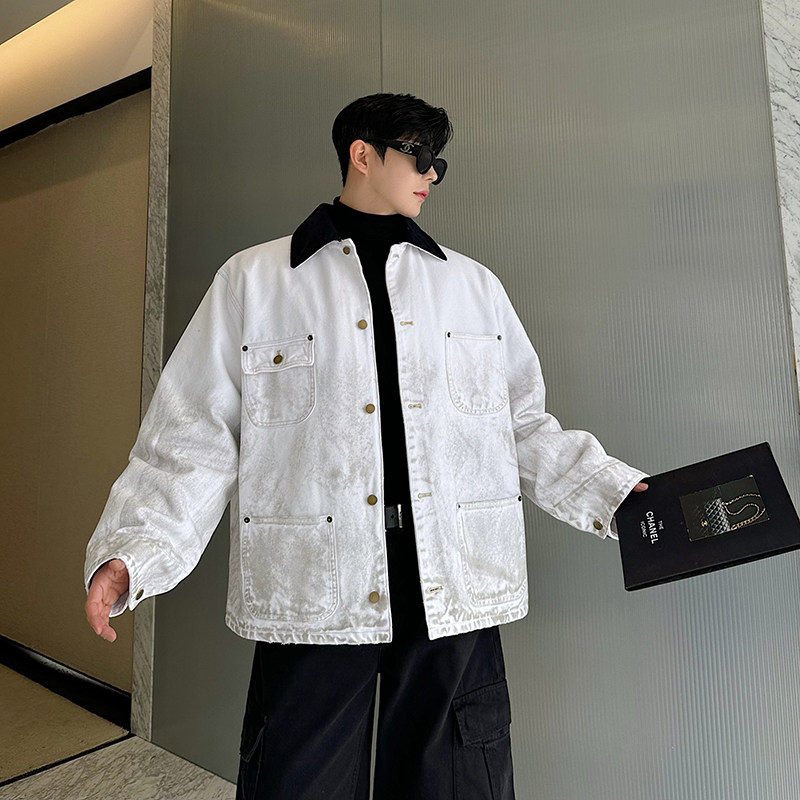 24秋冬P家白色密歇根纯棉水洗做旧脏脏帆布棉服夹克W1146P220,男装棉衣,电商C219