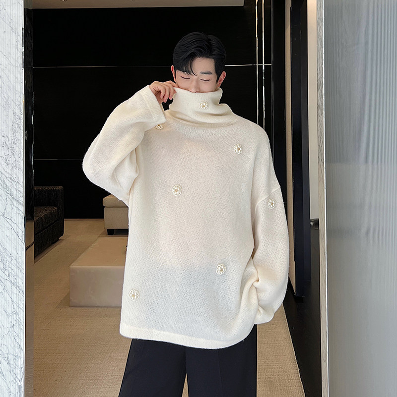 秋冬设计小香风宽松定制手工珍珠小花装饰高领毛衣W0638P120,男装T恤,电商C219