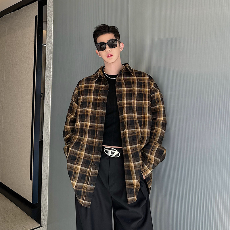 2024SS巴家oversize廓形定制褶皱格纹衬衫外套两色男女C1046P125,男装衬衫,电商C219