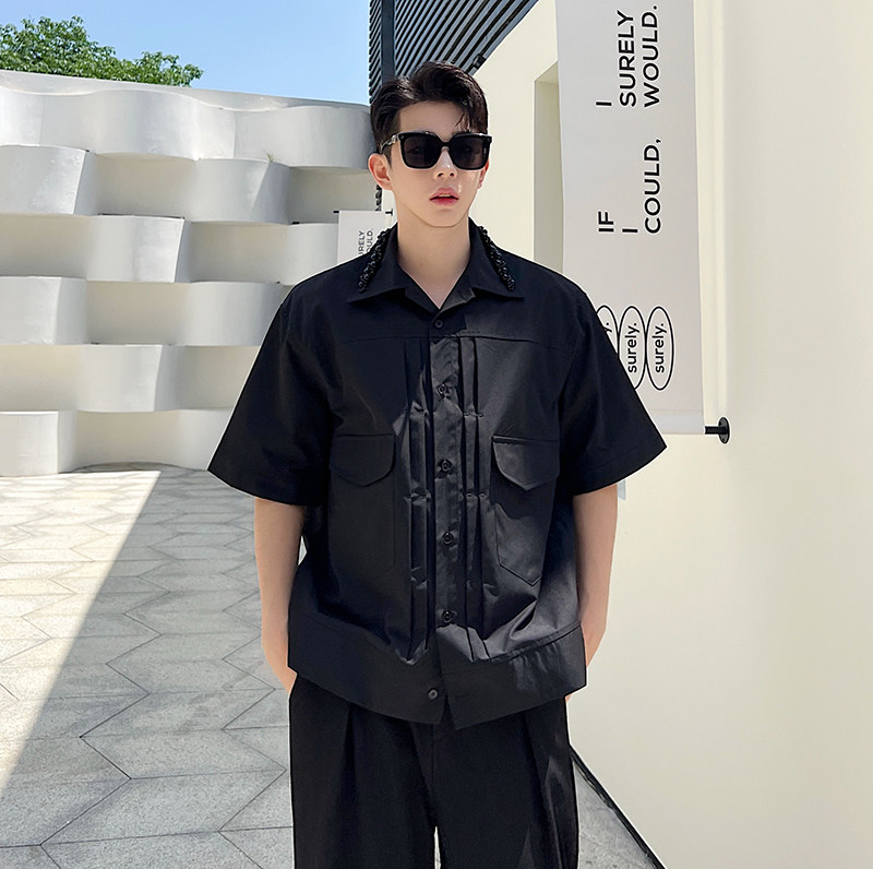 夏款秀款设计师重工立体解构珍珠装饰短袖衬衫两色男女C0602P80,男装衬衫,电商C219