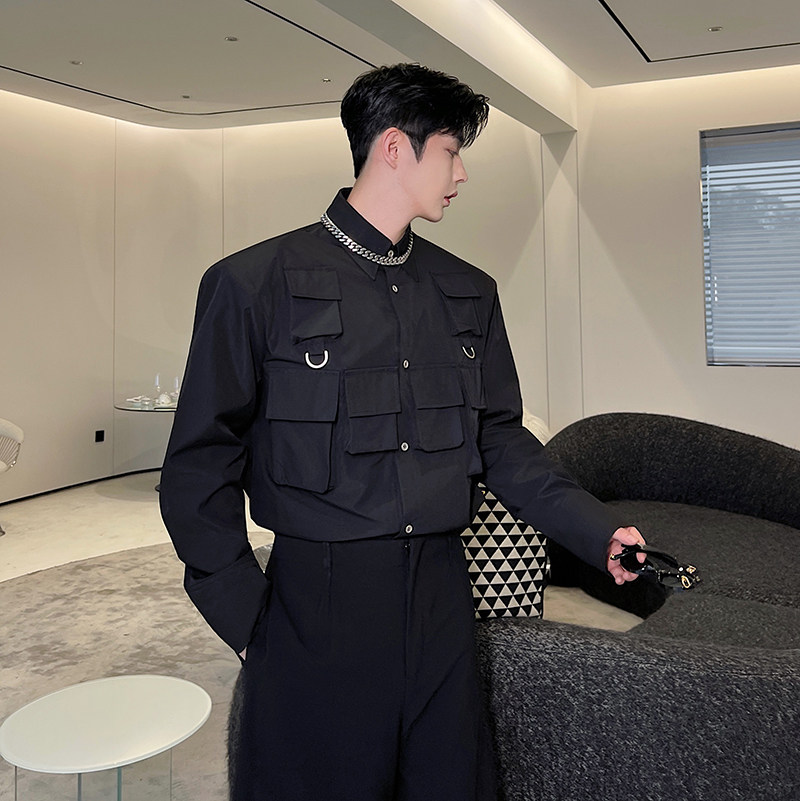 男四季通用青少年多口袋秋季衬衫制服修身黑色时尚春秋衬衣长袖,男装衬衫,电商C219