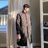 2024秋冬韩版潮流格纹轻薄立领排扣设计宽松长款棉衣W0207P145，男装棉衣，电商C219