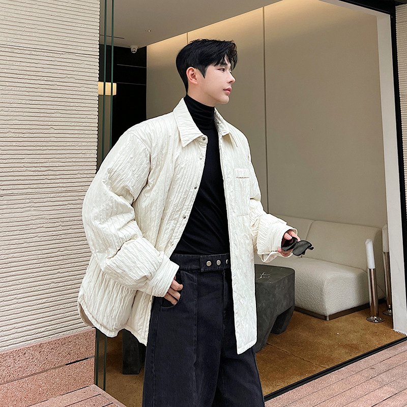 冬款设计师韩版百搭廓形压褶肌理纹衬衣加厚棉服W0683P160,男装棉衣,电商C219