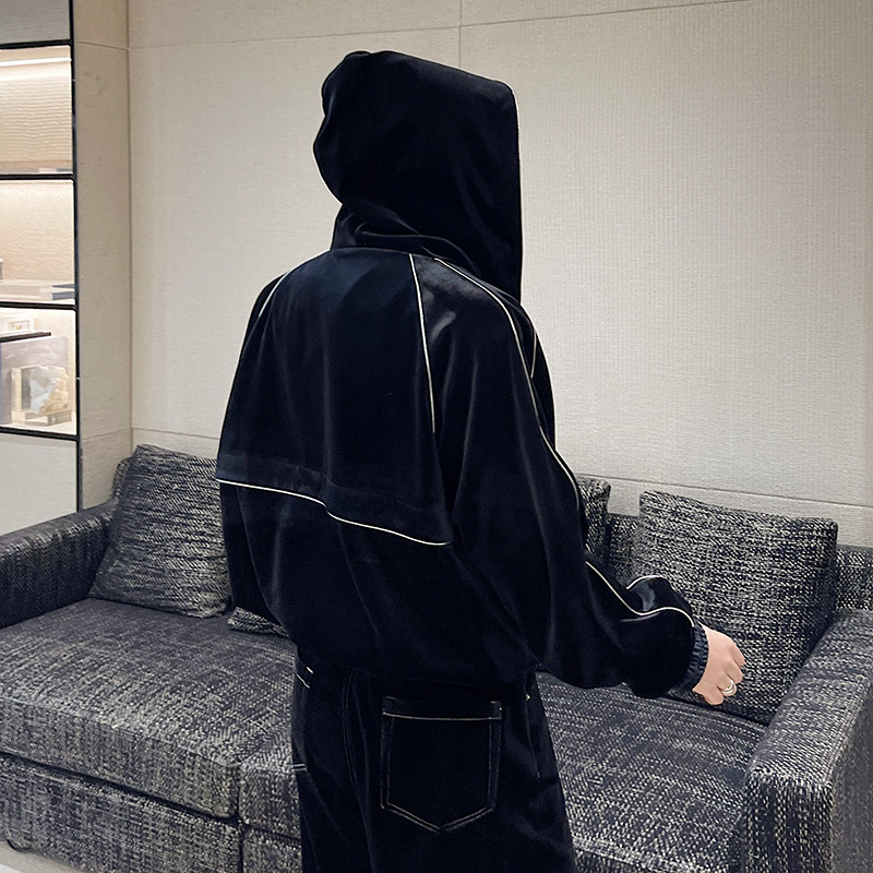 春款重工解构百搭时髦嵌条丝绒拉链连帽休闲外套男女W0396P145,男装卫衣,电商C219