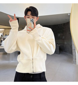 秋冬重磅加厚抓絨拉鏈設(shè)計(jì)廓形墊肩連帽衛(wèi)衣男女 W0538 P115圖片