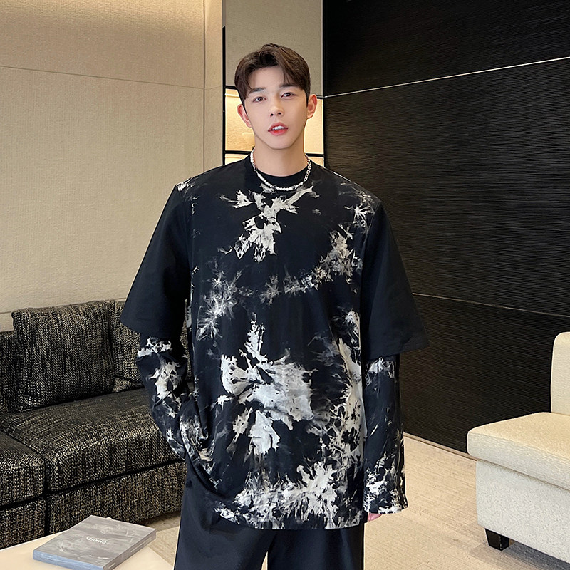 春夏亚B暗黑风oversize宽松扎染假两件垫肩长袖T恤T0440P65,男装T恤,电商C219