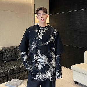 春夏亚B暗黑风oversize宽松扎染假两件垫肩长袖T恤 T0440 P65图片