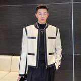 2022ins秀款气质百搭小香风撞色织带拉链无领短款外套W0321P145，男装夹克，电商C219