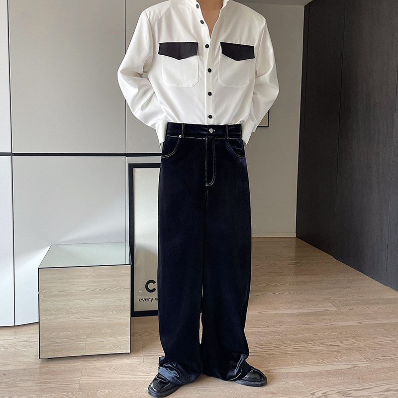 2024春季秀款百搭潮流宽松丝绒牛仔明线直桶阔腿休闲裤K0400P80,男装休闲裤,电商C219