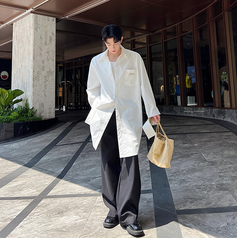 春夏设计韩版休闲长款随性飘带袖百搭衬衫两色男女C0558P80,男装衬衫,电商C219