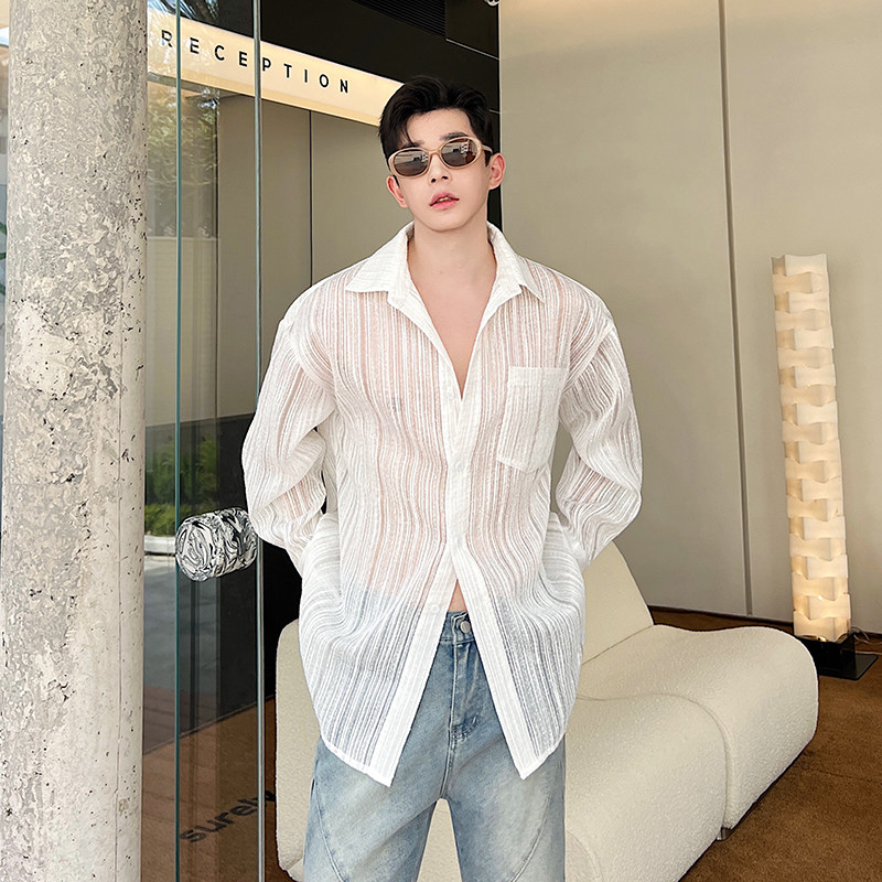 春夏设计师韩版半透立体竖纹特色面料长袖衬衫两色C0611P80,男装衬衫,电商C219