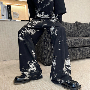 夏款设计师暗黑亚B风宽松扎染休闲阔腿松紧腰长裤 K0441 P65图片