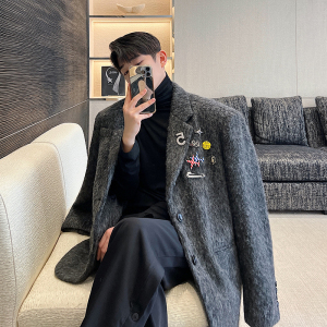 秋冬設(shè)計(jì)重磅加厚煙灰色羊毛呢料DIY胸針廓形西裝 W0533 P210圖片