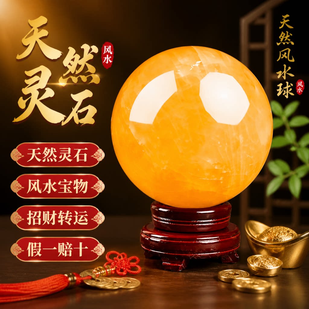 天然黄水晶球招财黄色水晶摆件玄关西北厨房火烧天门米黄玉原石