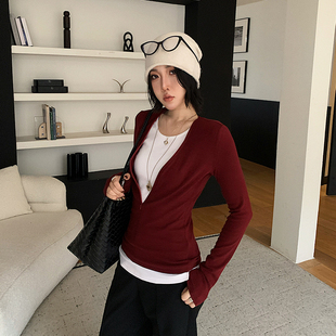 柔软亲肤撞色设计针织上衣女秋修身 简约时尚 显瘦 奶油小V 十三粥