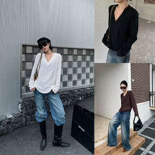 十三粥 慵懒简约V领针织上衣女通勤实穿宽松遮肉柔软亲肤 软构学