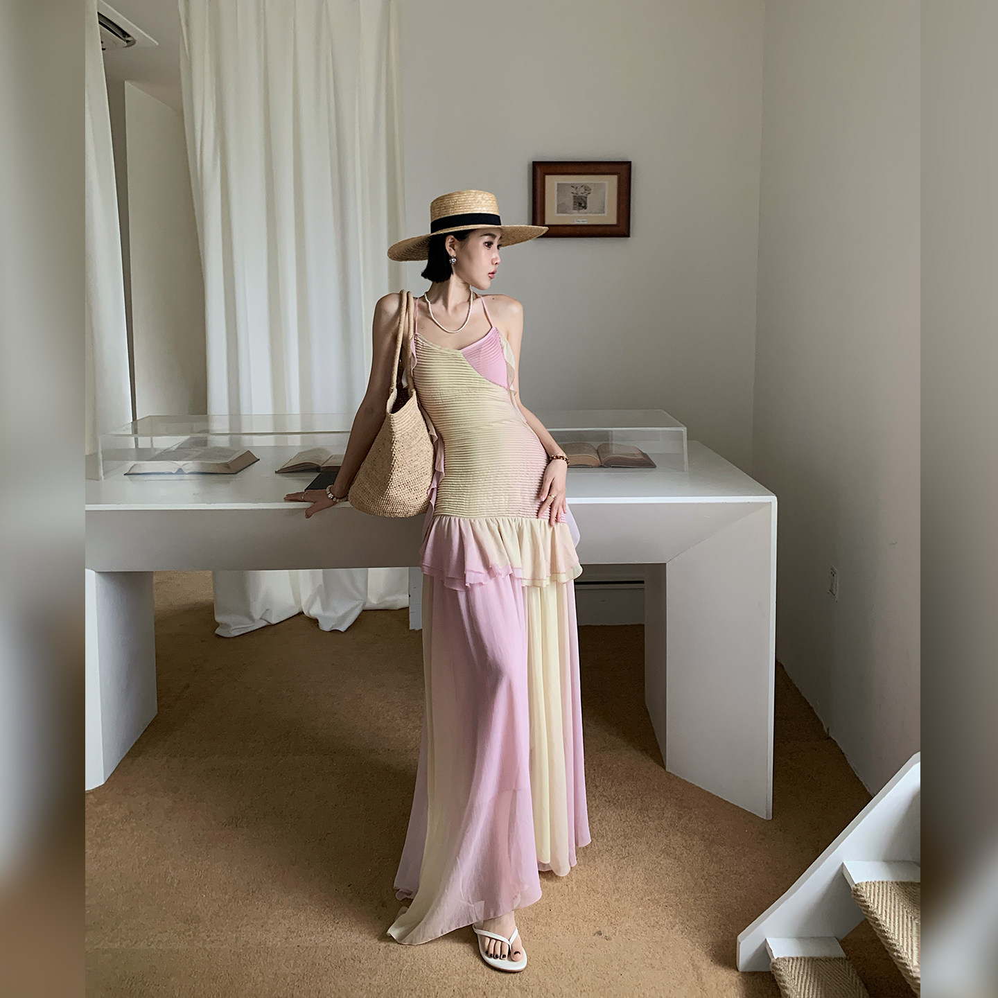 十三粥 塞纳花房 渐变修身女夏时尚灵动大摆飘逸多层彩虹裙连衣裙