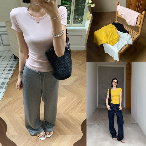 十三粥 皮肤衣 缎感莱塞尔正肩圆领微透显瘦修身夏季短袖T恤女