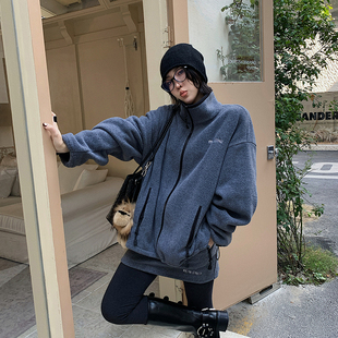 miu系摇粒绒刺绣撞色外套宽松保暖显瘦绣花半裙套装 十三粥 谬绒