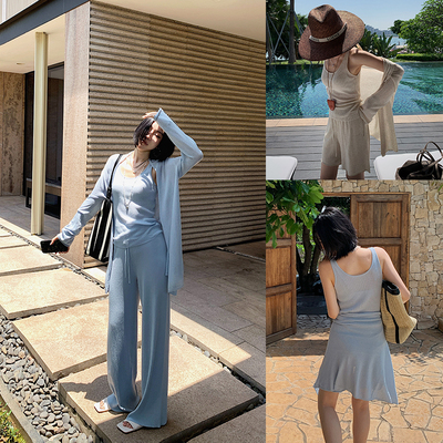 十三粥 慵懒呼吸 针织开衫U领背心女夏高腰松紧腰休闲直筒裤套装