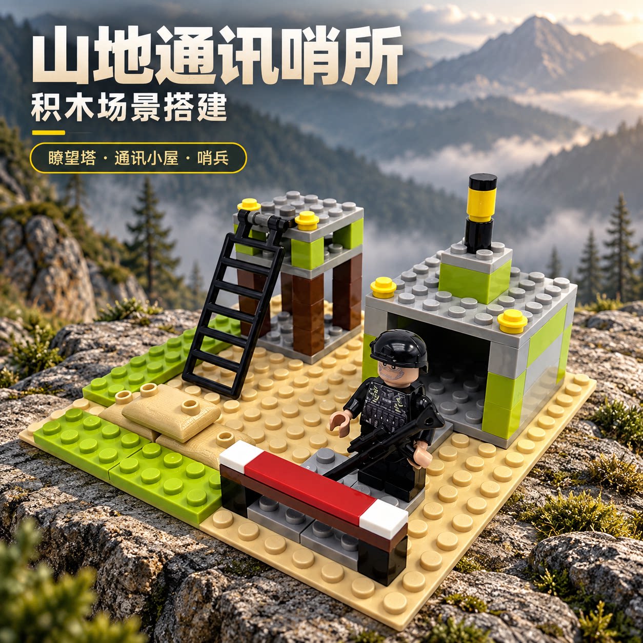乐颖兼容乐高积木MOC山地通讯哨所军事场景搭建拼装玩具男孩益智