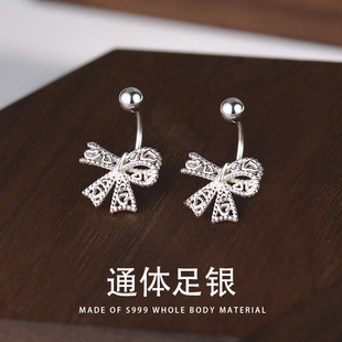 999银蝴蝶结耳钉女纯银螺丝拧防掉足银耳钩养耳洞免摘耳饰品耳环