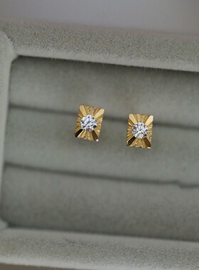 925纯银镀14k金精致mini闪钻小方块设计感耳钉耳饰百搭简约气质