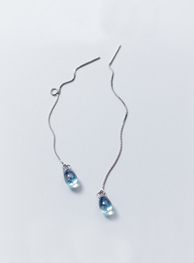 蓝色水晶耳钉925纯银耳环睡觉免摘夏季耳饰女2021年新款潮耳线