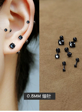 S925黑色设计感耳骨钉耳钉女2023年新款潮螺丝耳蜗钉睡觉免摘黑钻