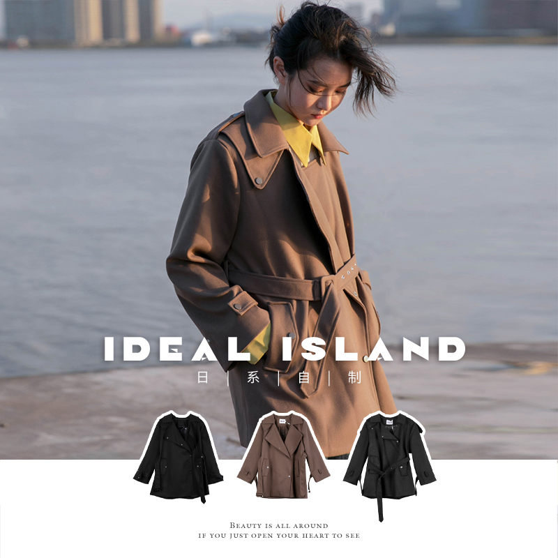 长袖西装领中长款宽松风衣外套