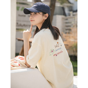 理想岛 宽松纯棉圆领上衣 原创卡通前后刺绣宽松短袖 t恤女夏2025季