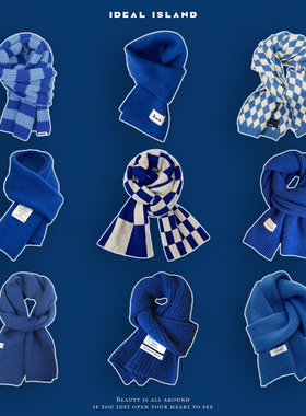 理想岛 克莱因蓝围巾女冬季日系蓝色棋盘格保暖格子针织围脖显白