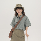 清仓 复古日系衬衫 女小众盐系绿色短裙宽松格子短袖 衬衣套装 潮