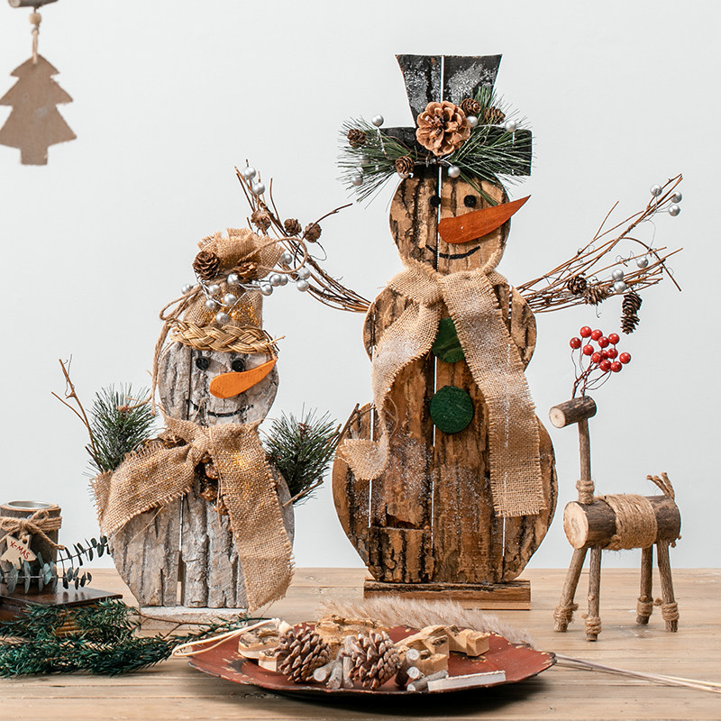泓瀚 圣诞木制大雪人摆件圣诞节装饰品雪景配件场景布置道具装饰