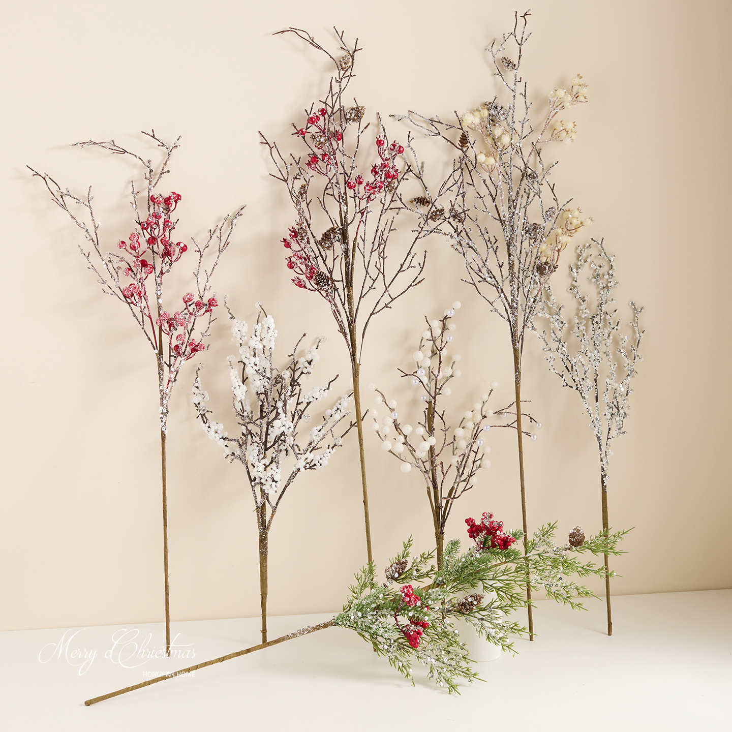 泓瀚红果白果仿真插枝布置道具