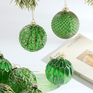 泓瀚圣诞节装 饰品绿色玻璃圣诞球套盒挂件彩绘吊球圣诞树挂饰吊饰