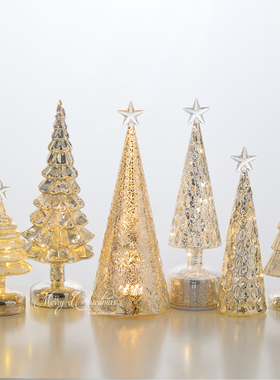 泓瀚圣诞装饰品旋转玻璃圣诞树桌面发光小圣诞树摆件橱窗布置道具