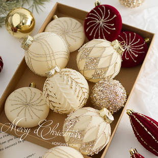圣诞树装 饰品挂件奶白色植绒圣诞球暗酒红色彩绘球异形球挂饰吊饰