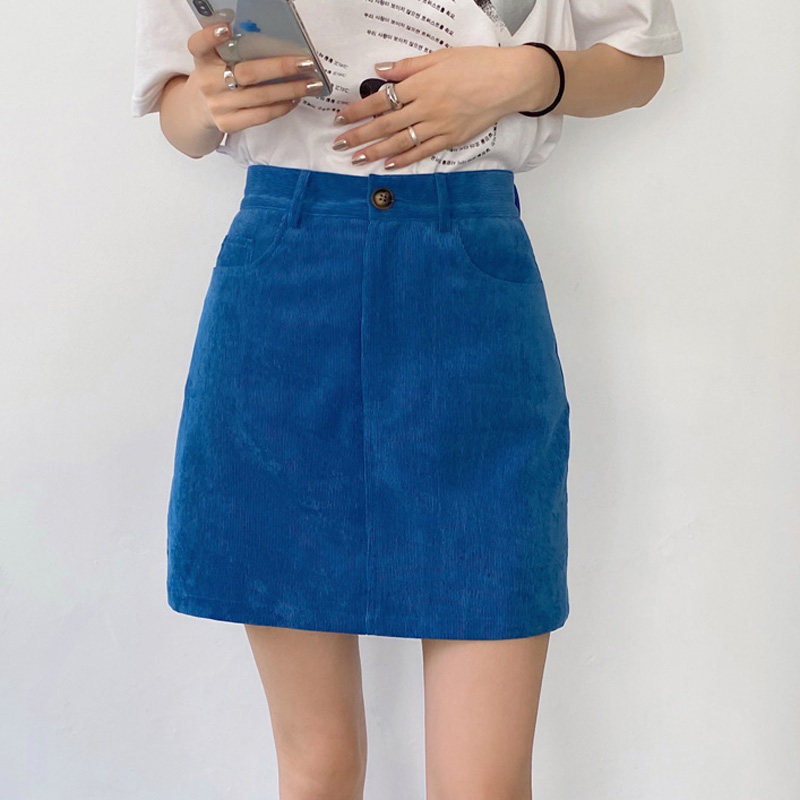 罗莱妃克莱因蓝半身裙女设计感小众裙裤复古高腰a字裙灯芯绒短裙