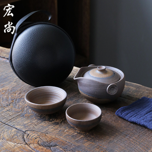 快客杯便携粗陶茶具套装 宏尚旅行中式 2双人家用陶瓷一壶二杯精品