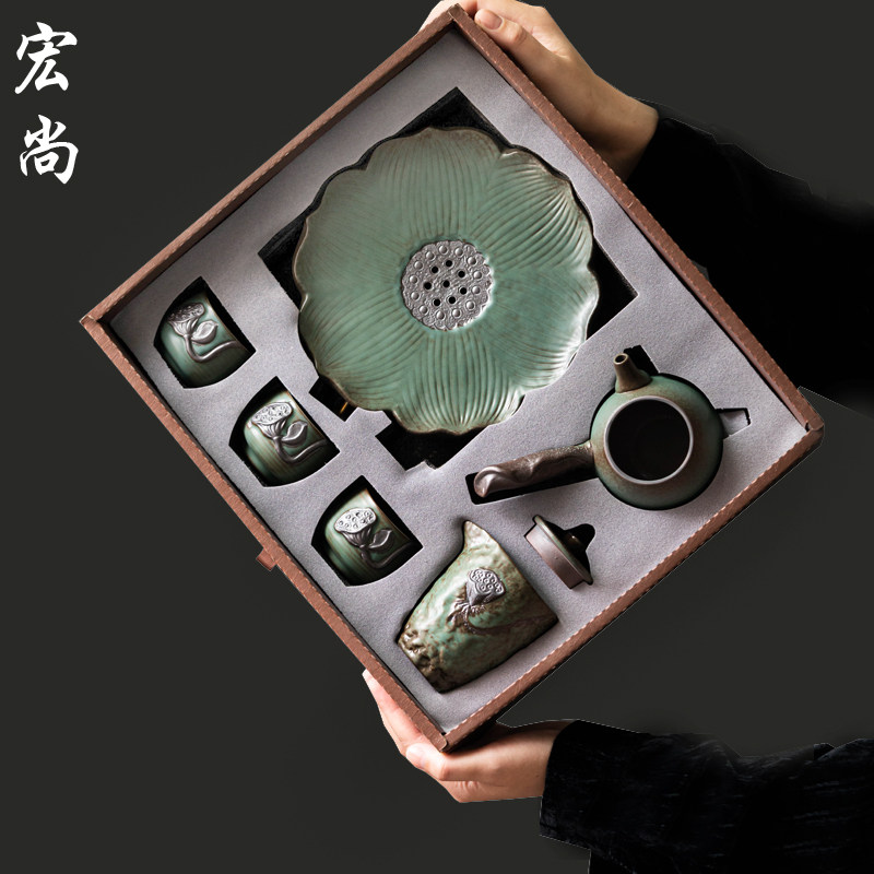 中式粗陶鎏金一壶三杯功夫茶具干泡盘陶瓷茶杯茶壶公道杯便携礼盒