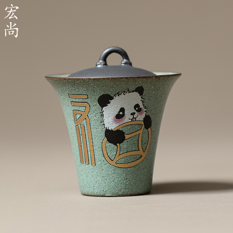 粗陶萌宠五福熊猫盖碗