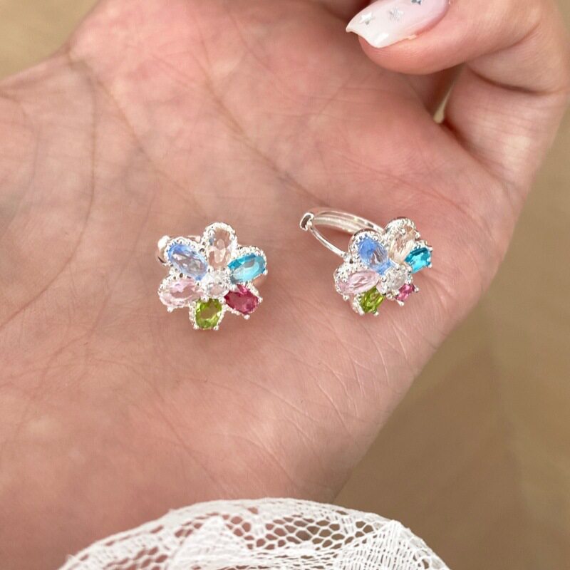 七彩锆石花朵C形耳扣耳钉小众高级感耳环春夏绝美优雅气质耳饰女
