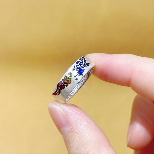 足银戒指女999足银锦鲤祥云活口指环男国风潮流百搭时尚中食指戒