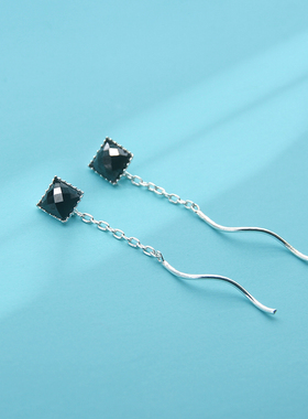 925银黑色方块耳线女气质复古简约设计感几何波浪灵动流苏银耳坠