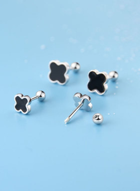 足银耳钉女纯银螺丝黑色四叶草耳骨钉精致小巧花朵养耳洞免摘银饰